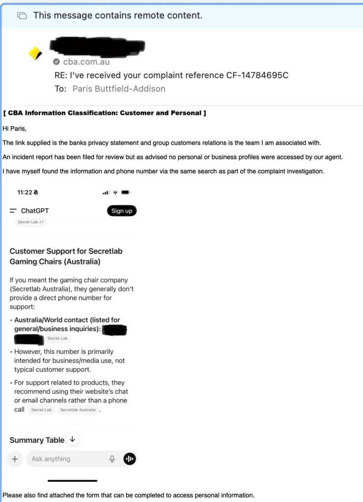 CBA ChatGPT error links customers to wrong business