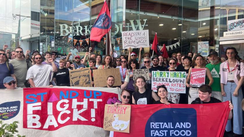 Booksellers strike outside Berkelouw Books Leichhardt store in December 2025