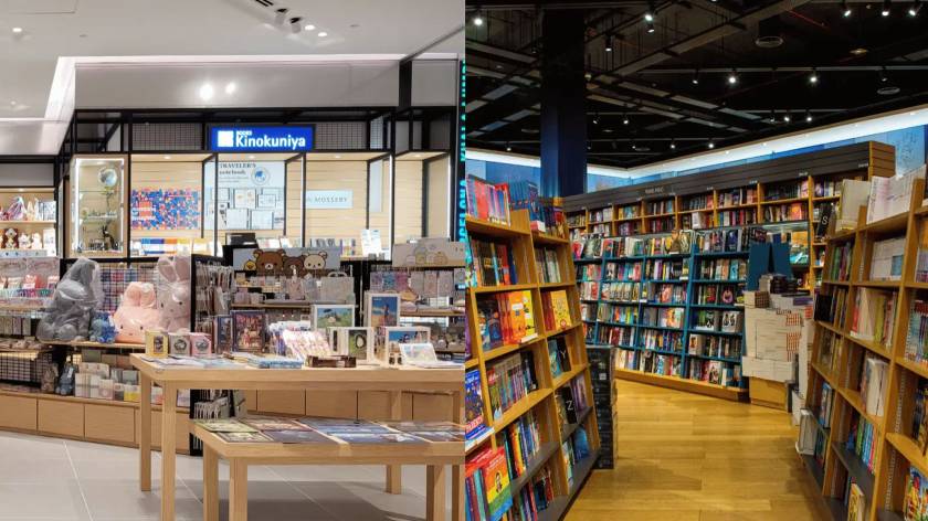 Interior of Books Kinokuniya bookstores featuring books, manga and stationery displays.