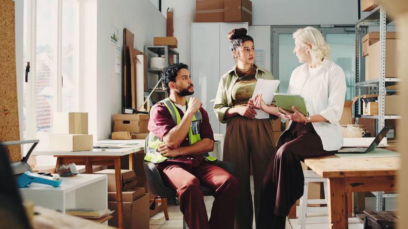 Business owners and staff meeting in a small business discussing operations before a business sale.